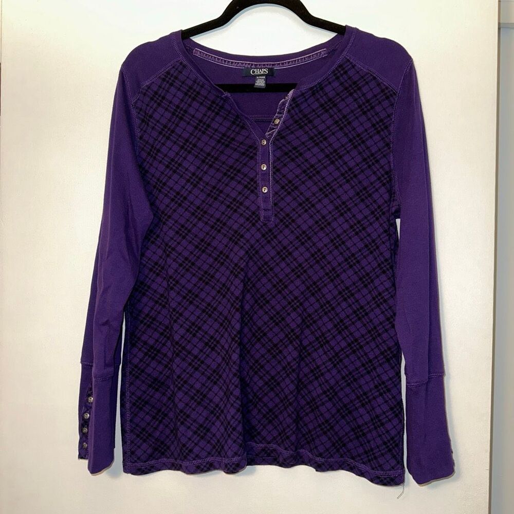 Chaps Women’s XL Purple Black Plaid Long Sleeve Quarter Button Henley Shirt GUC